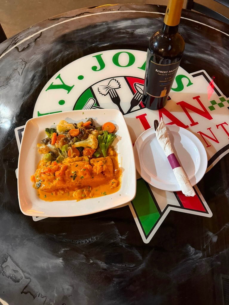 NY Joe's actual dining table with printed logo and signature dish